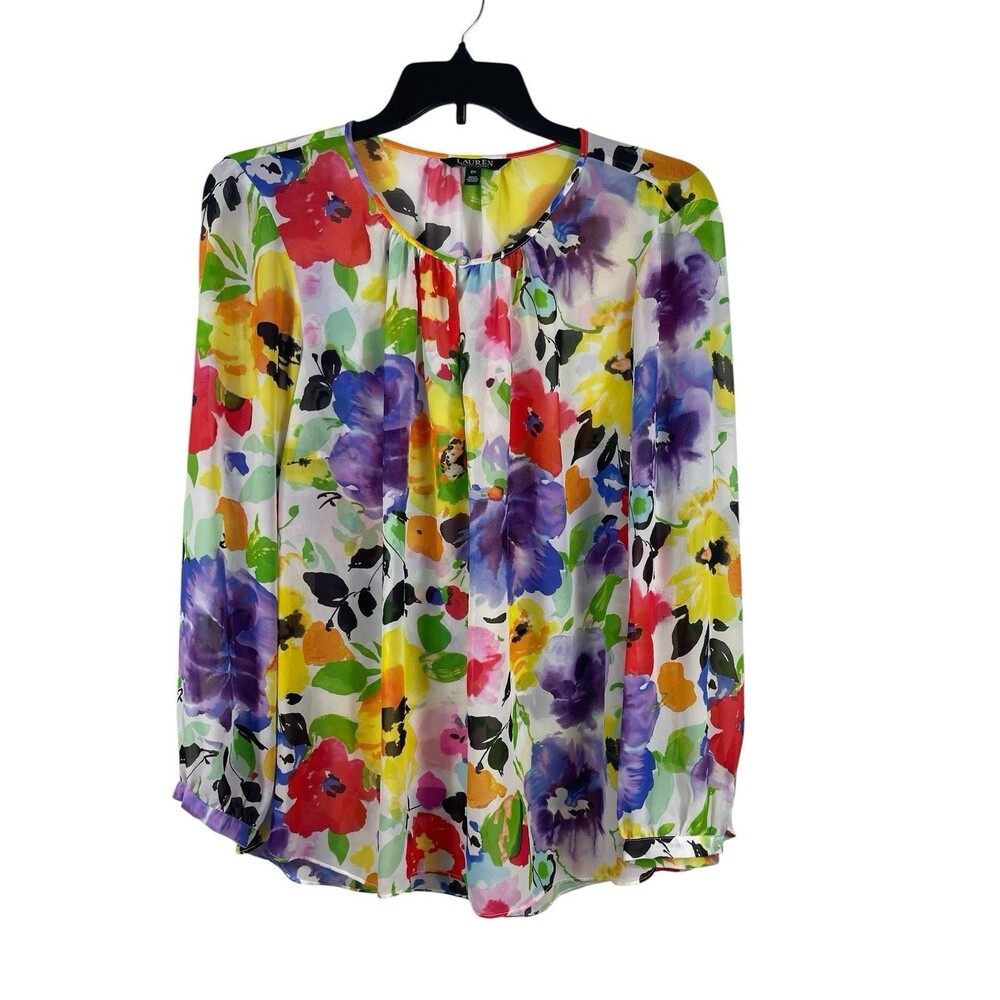 Lauren Ralph Lauren 2X Floral Blouse Sheer Watercolor Print Long Sleeve Tunic